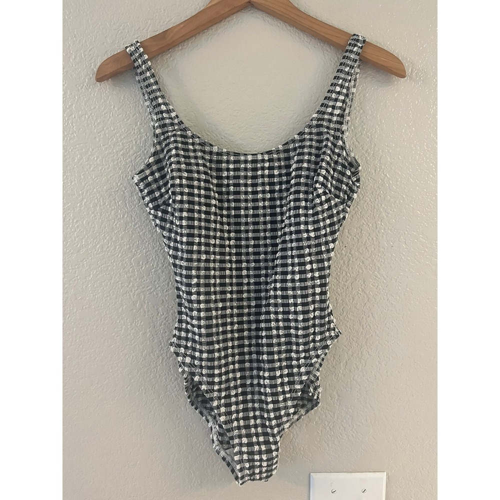 Azul Gingham One Piece Swimsuit Black White Seersucker Texture Scoop Back Size 6
